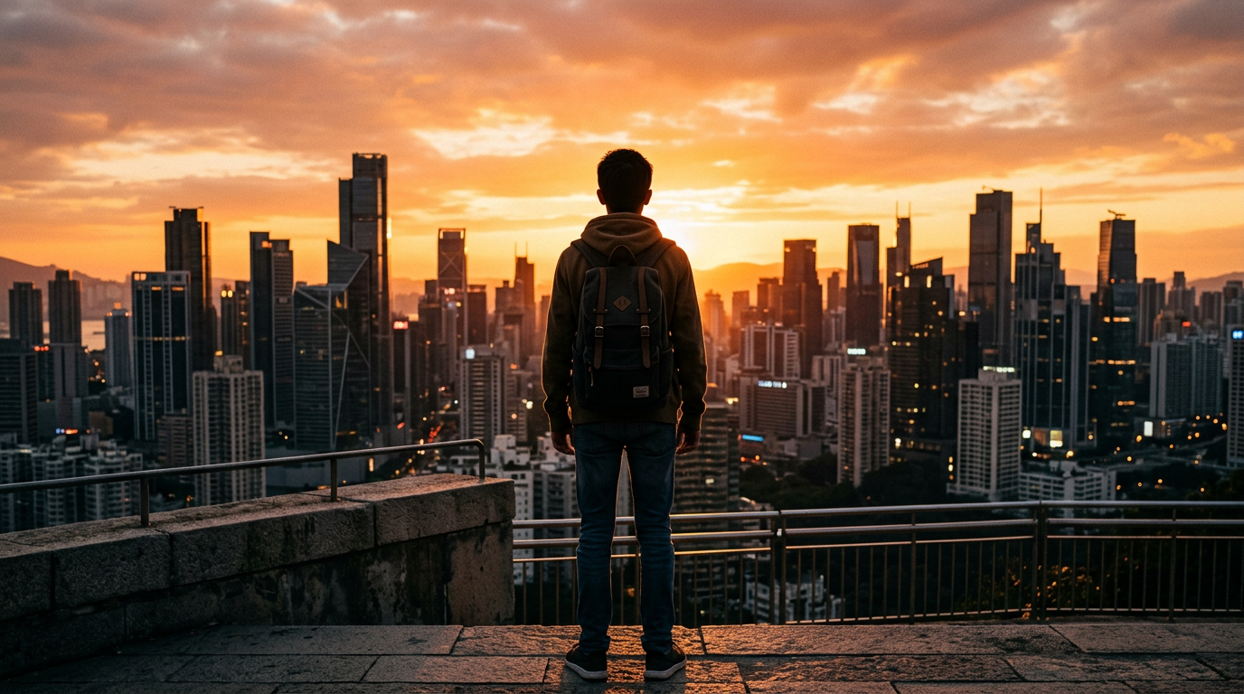 A teen with a backpack looking toward a city skyline at sunset