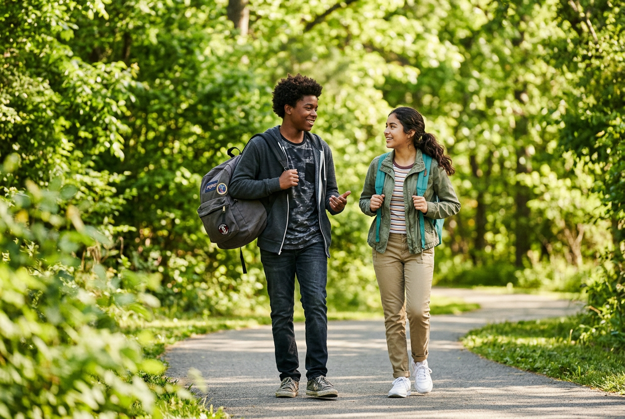 Two teens with backpacks outdoors on a sunny day