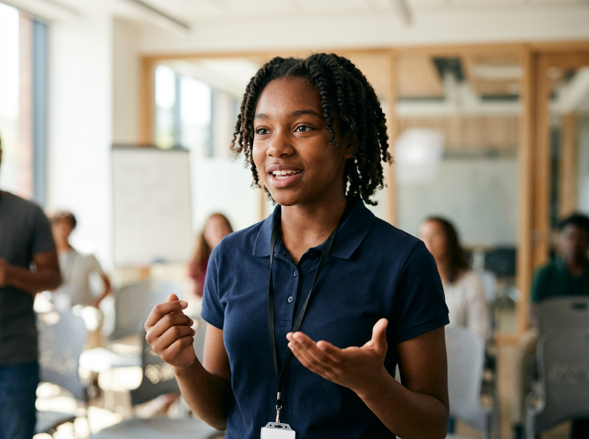 A confident young woman presenting while wearing a lanyard
