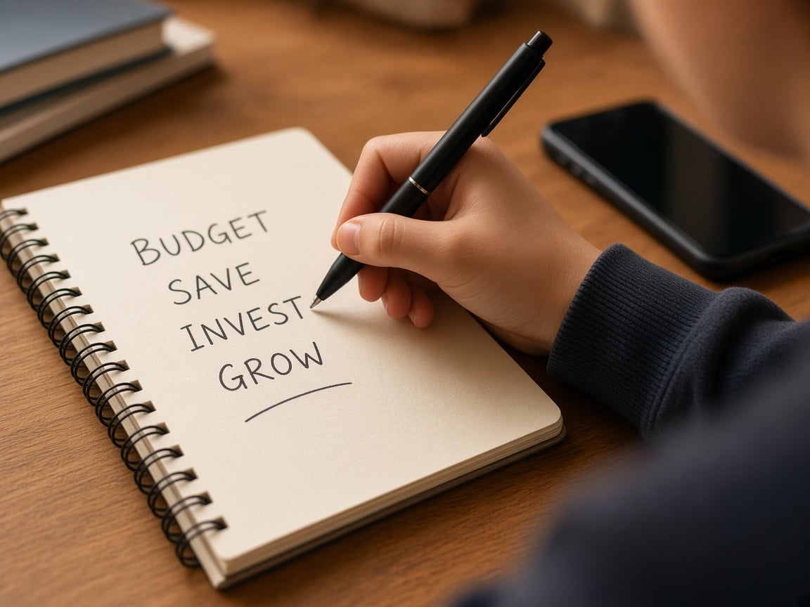 A teen writing budget, save, invest, grow in a notebook