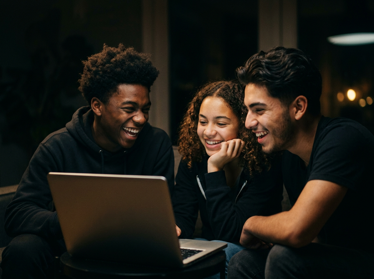 Three teens laughing together around a laptop